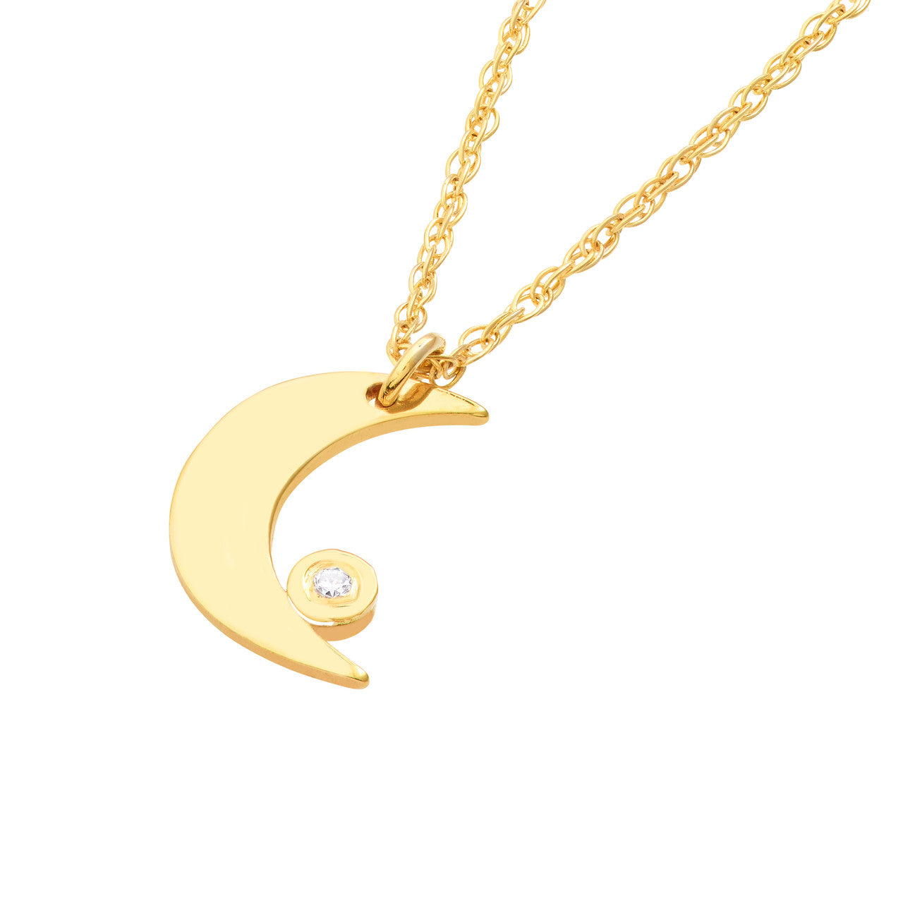 14K gold diamond bezel half moon necklace, delicate design with sparkling diamonds