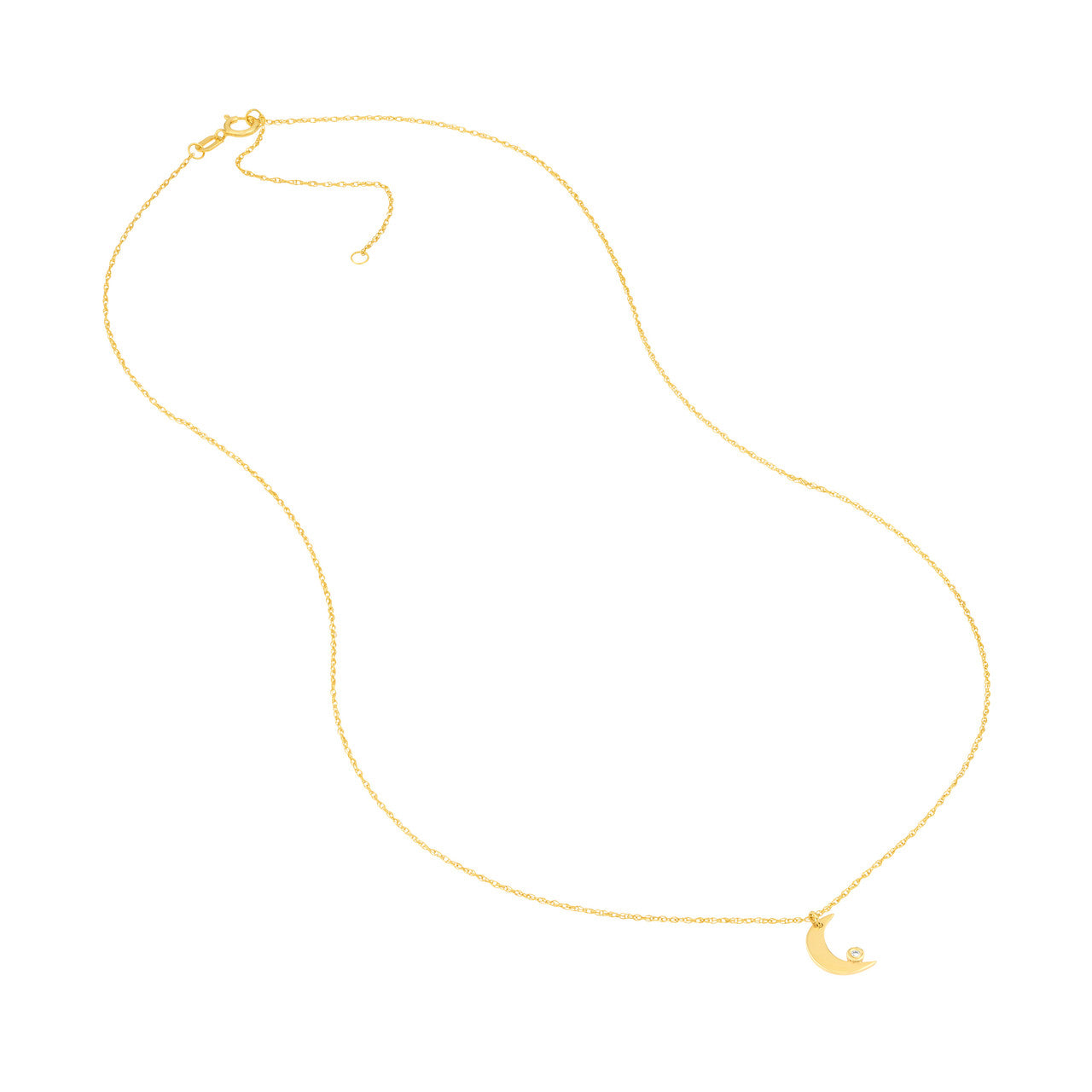 14K gold diamond bezel half moon necklace, detail view
