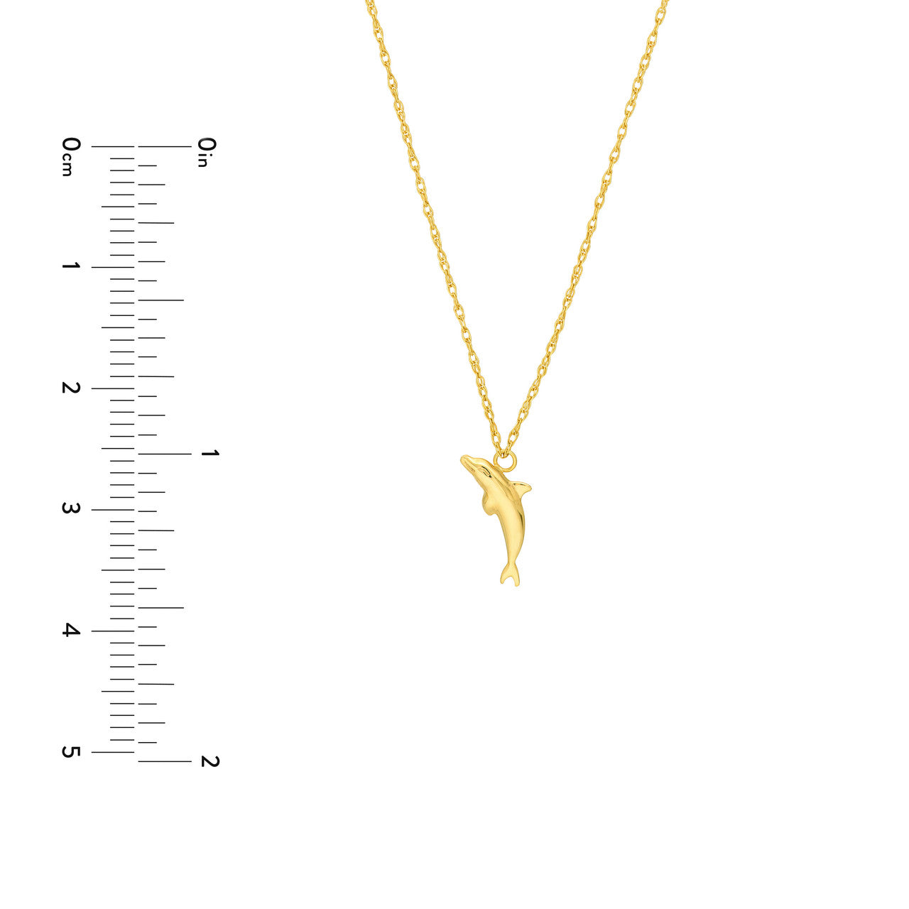 14K gold dolphin necklace, shimmering finish, close-up