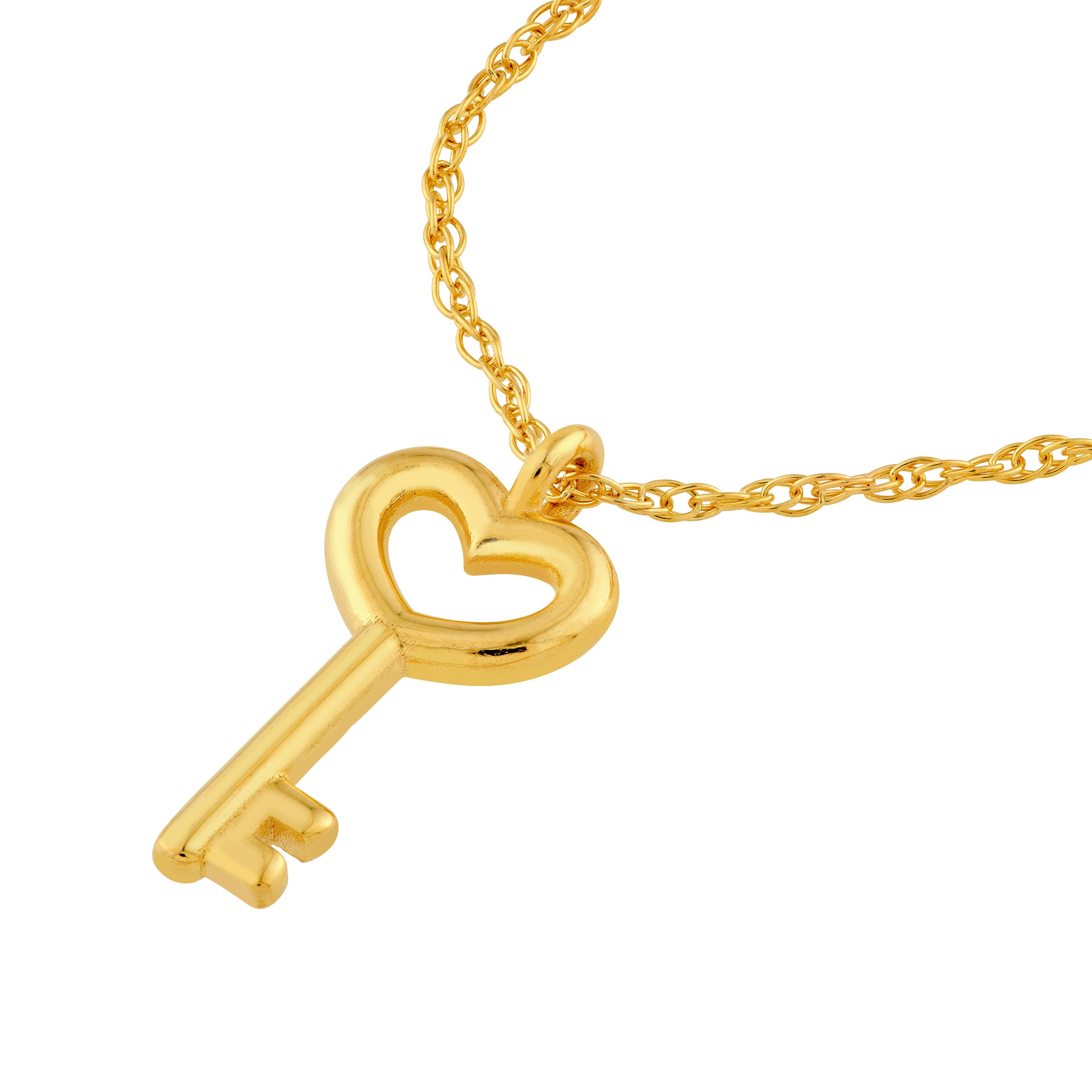 14K gold heart key pendant necklace, detail view