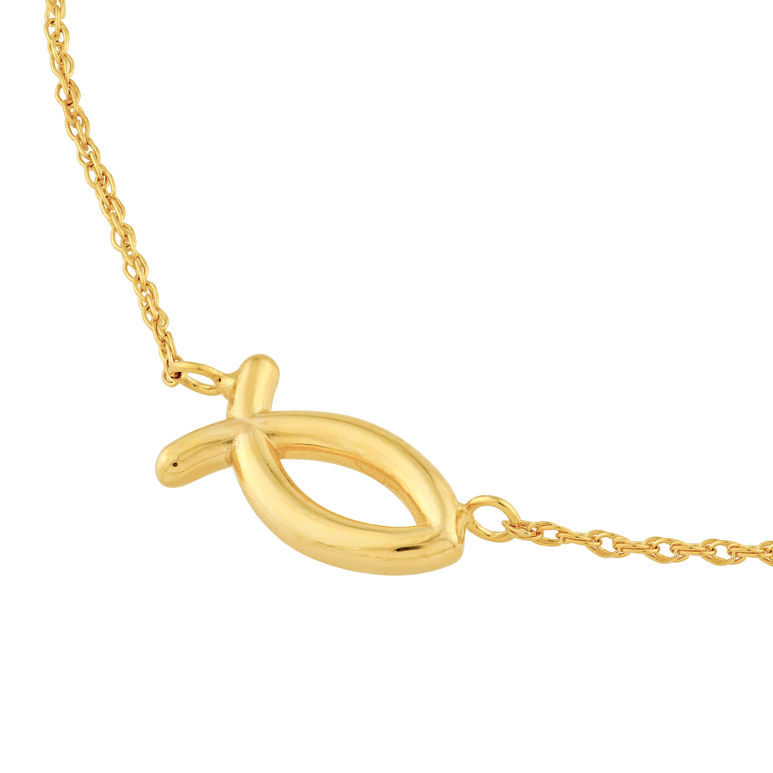 14K gold Ichthys fish necklace, detail view