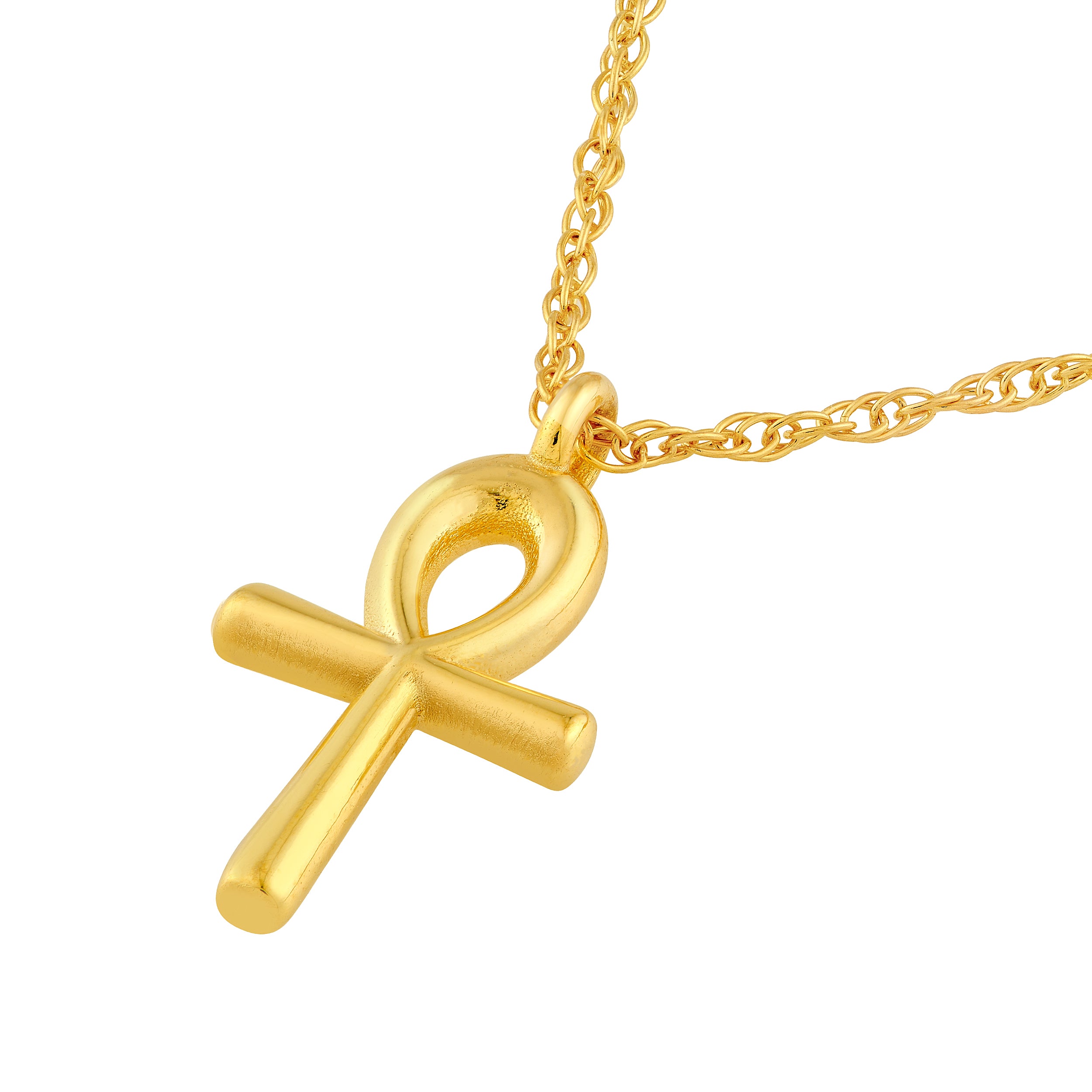 14K gold ankh cross pendant necklace, detail view