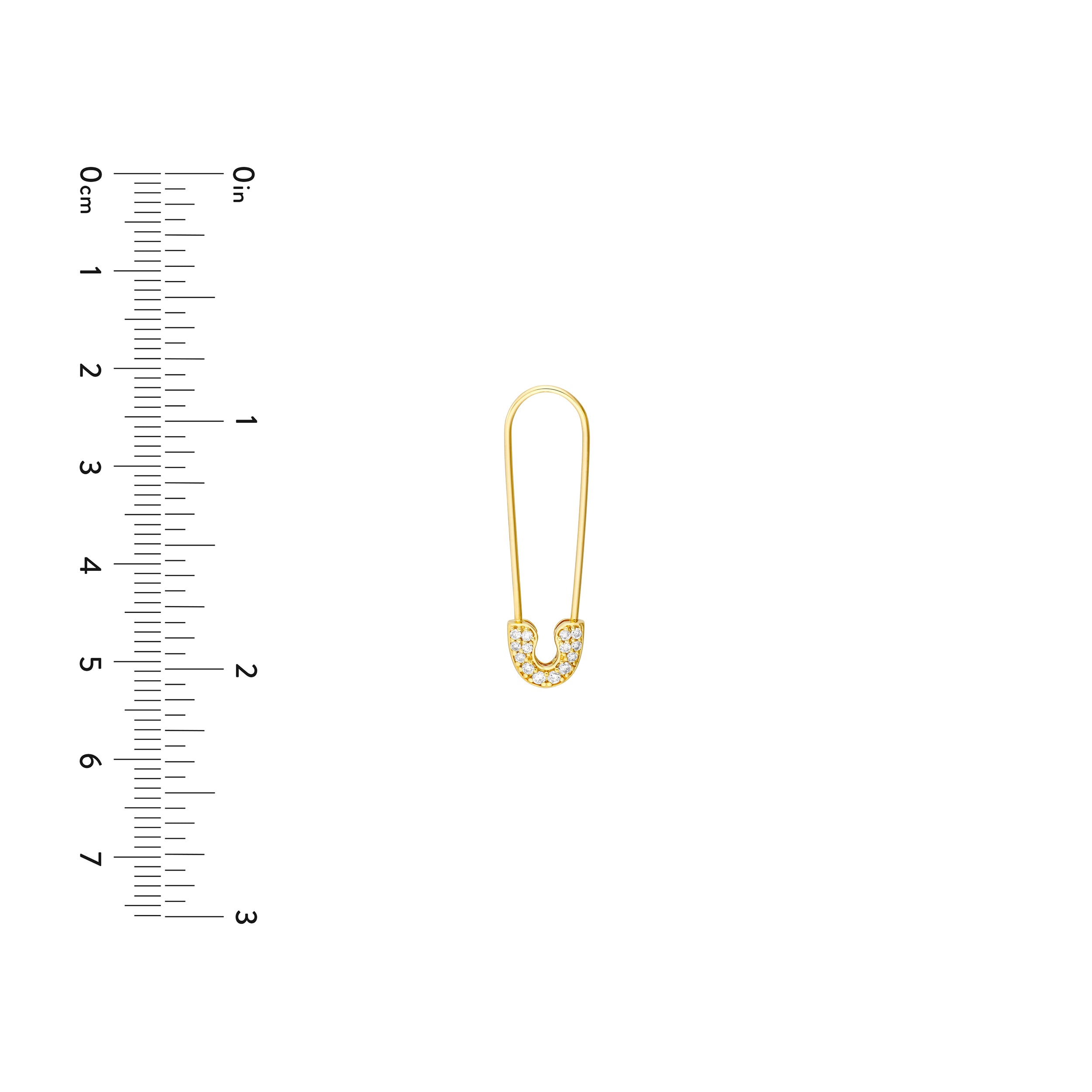 14K gold safety pin threader earrings, close-up of the diamonds