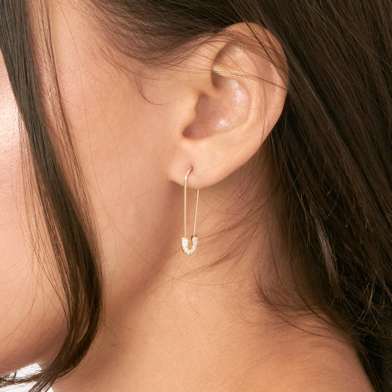 14K gold diamond safety pin threader earrings, detail view