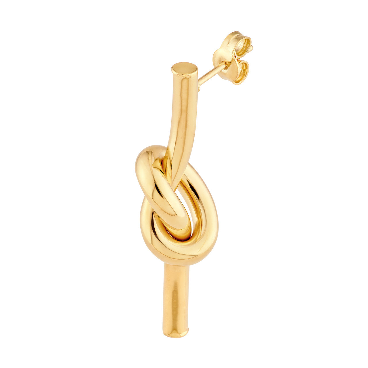 Gold knotted tube earrings by VIA Jewelers, showcasing a unique twisted design and elegant shine.