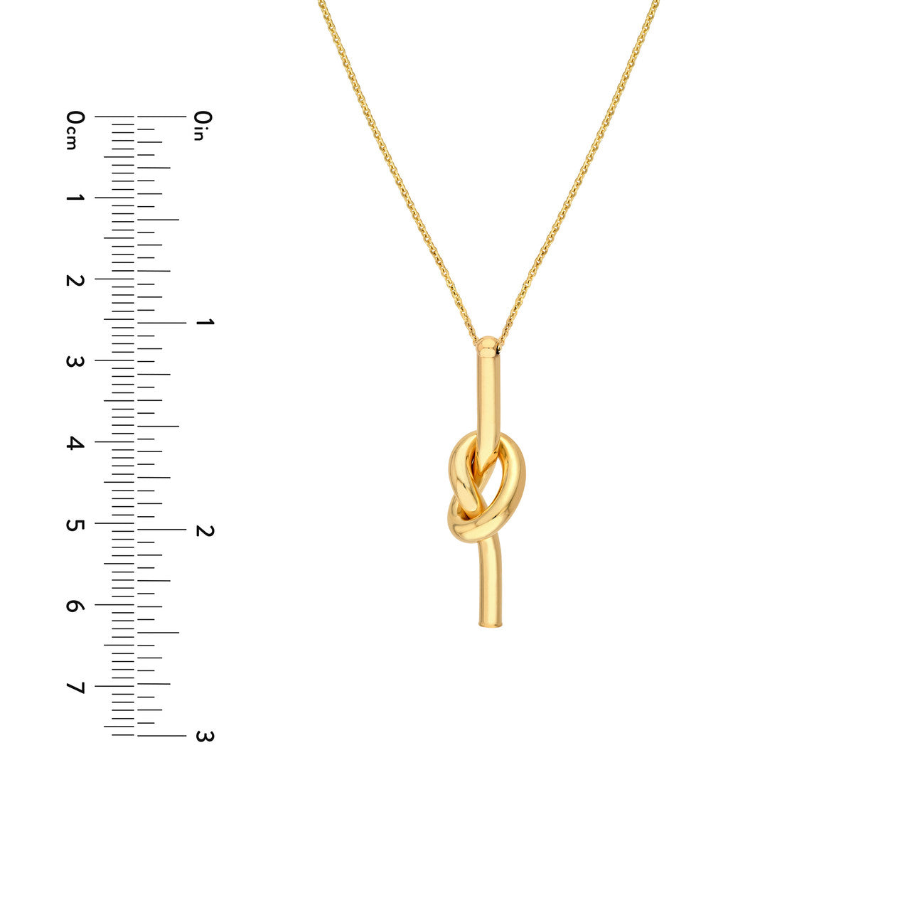 Knot pendant necklace by VIA Jewelers featuring a sleek design in polished metal hanging from a delicate chain.
