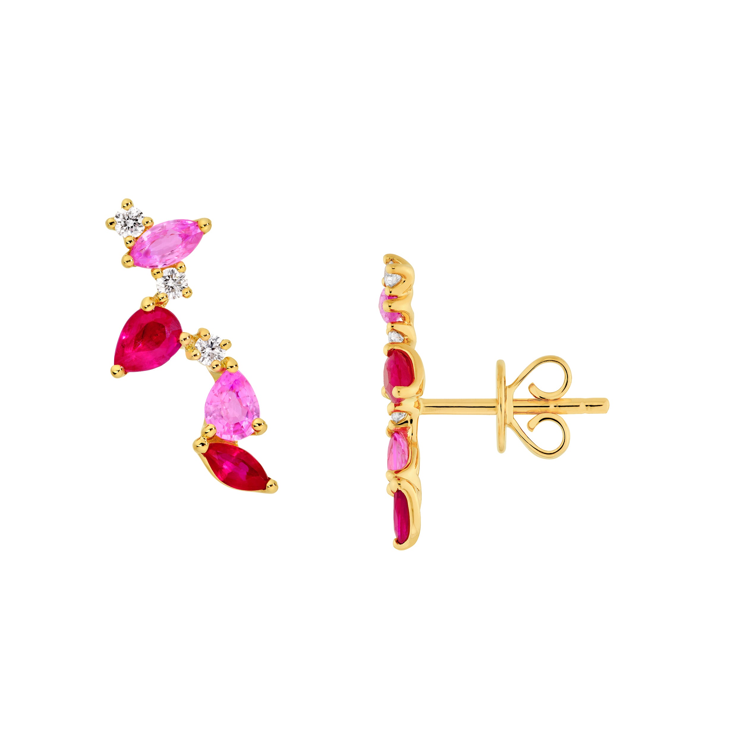 14K gold pink blossom climber studs, close-up of the stones