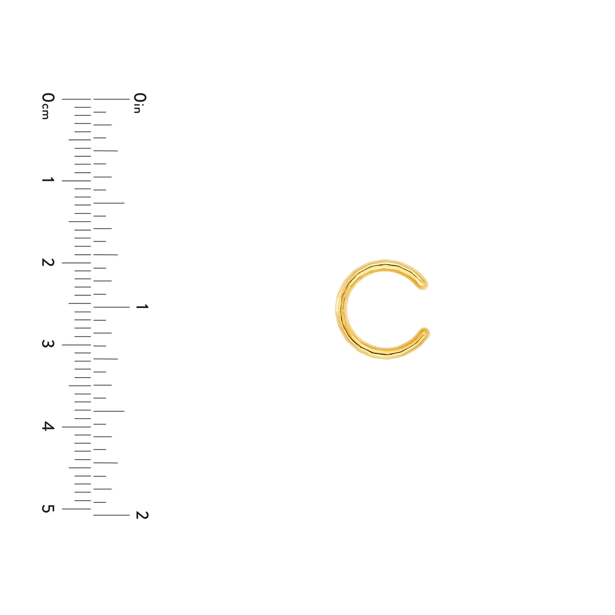 Wide textured 14K gold ear cuff, size reference view