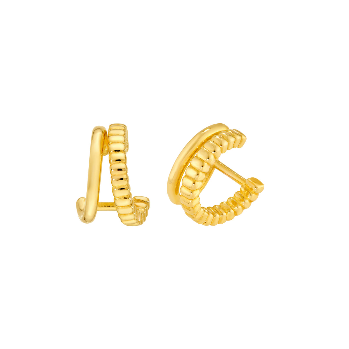 14K yellow gold ear cuff with one smooth band and one ribbed band