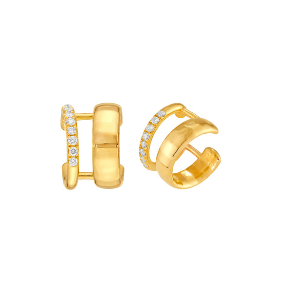14K yellow gold double band ear cuff with one polished band and one diamond-set band