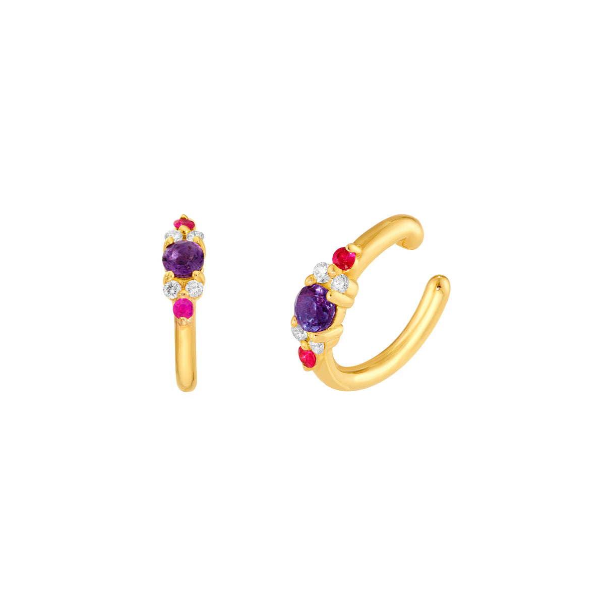 14K yellow gold cluster ear cuff with amethyst, ruby and a diamond accent