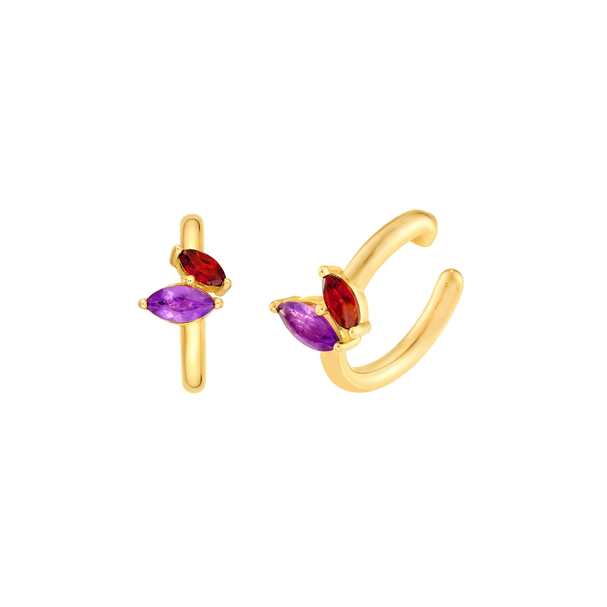 14K yellow gold ear cuff set with a marquise red garnet and a marquise purple amethyst