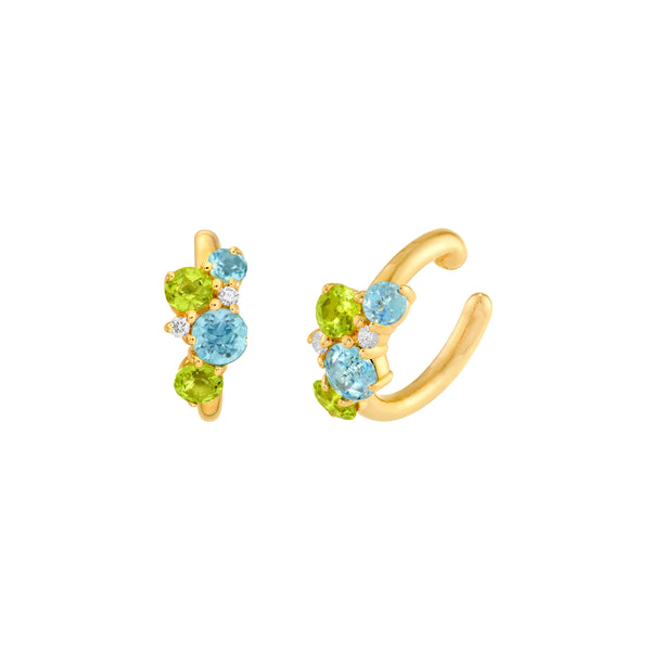 14K yellow gold ear cuff with sky blue topaz, green peridot and a diamond accent