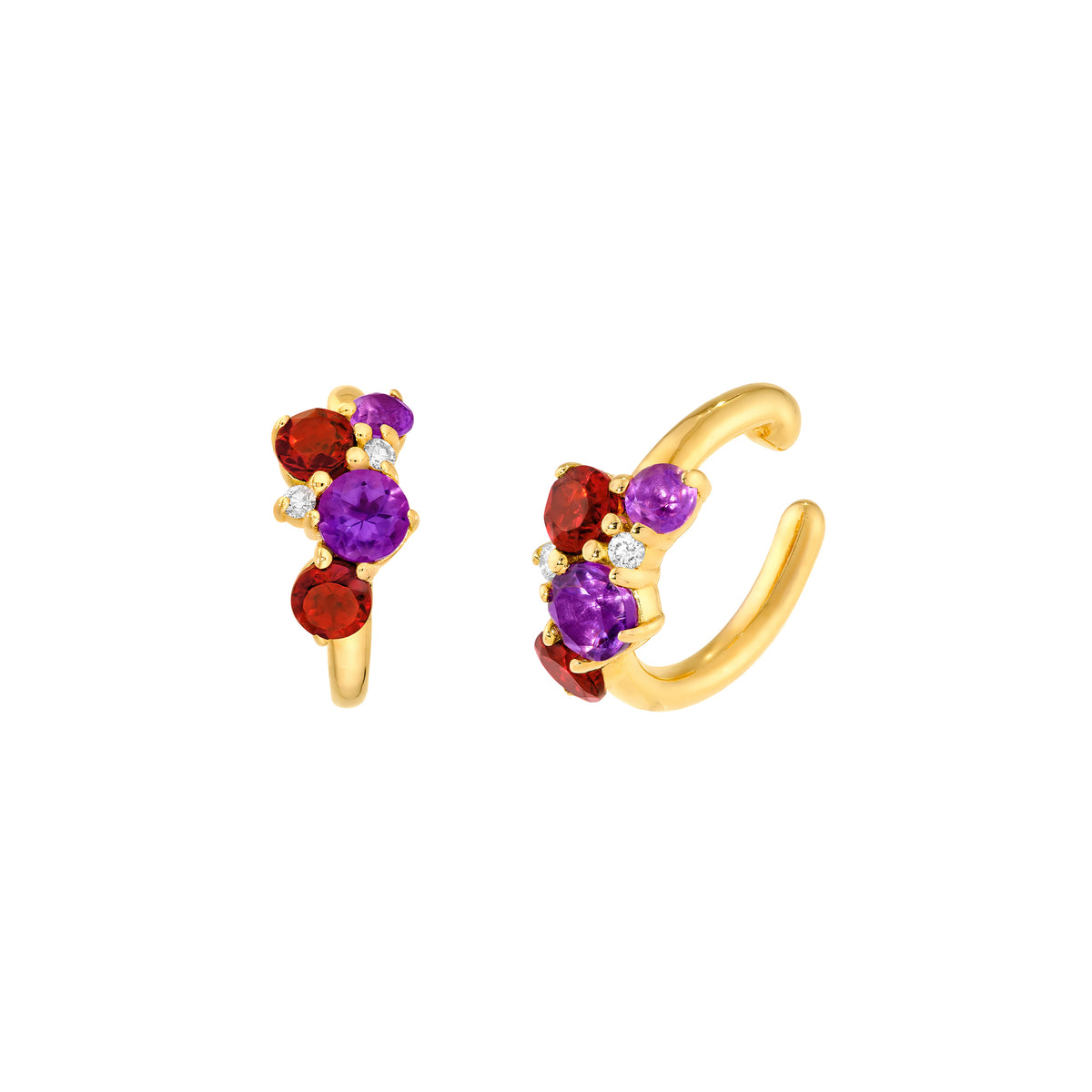 14K yellow gold cluster ear cuff with red garnet, purple amethyst and small diamonds