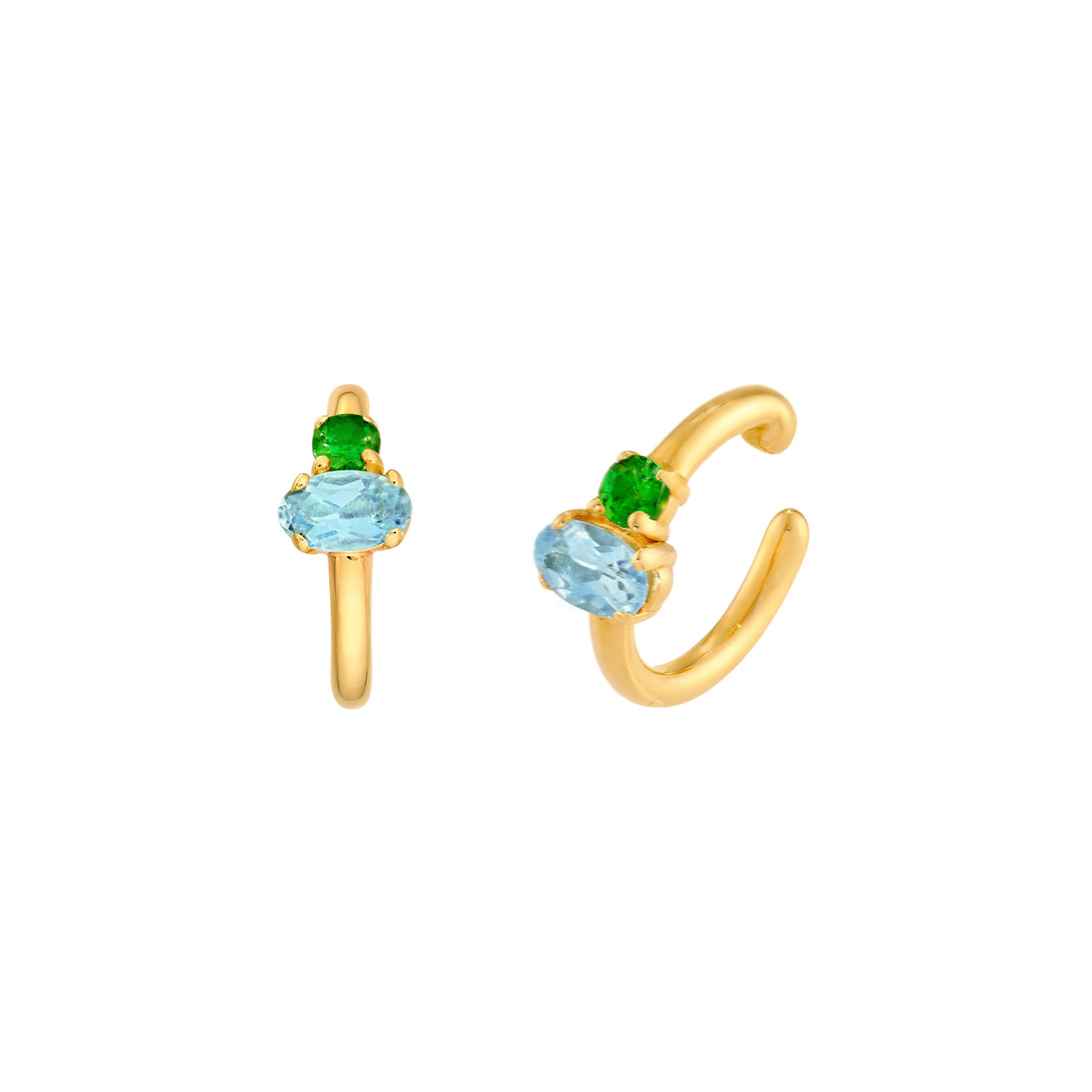 14K yellow gold ear cuff with an oval sky blue topaz and a round green tsavorite