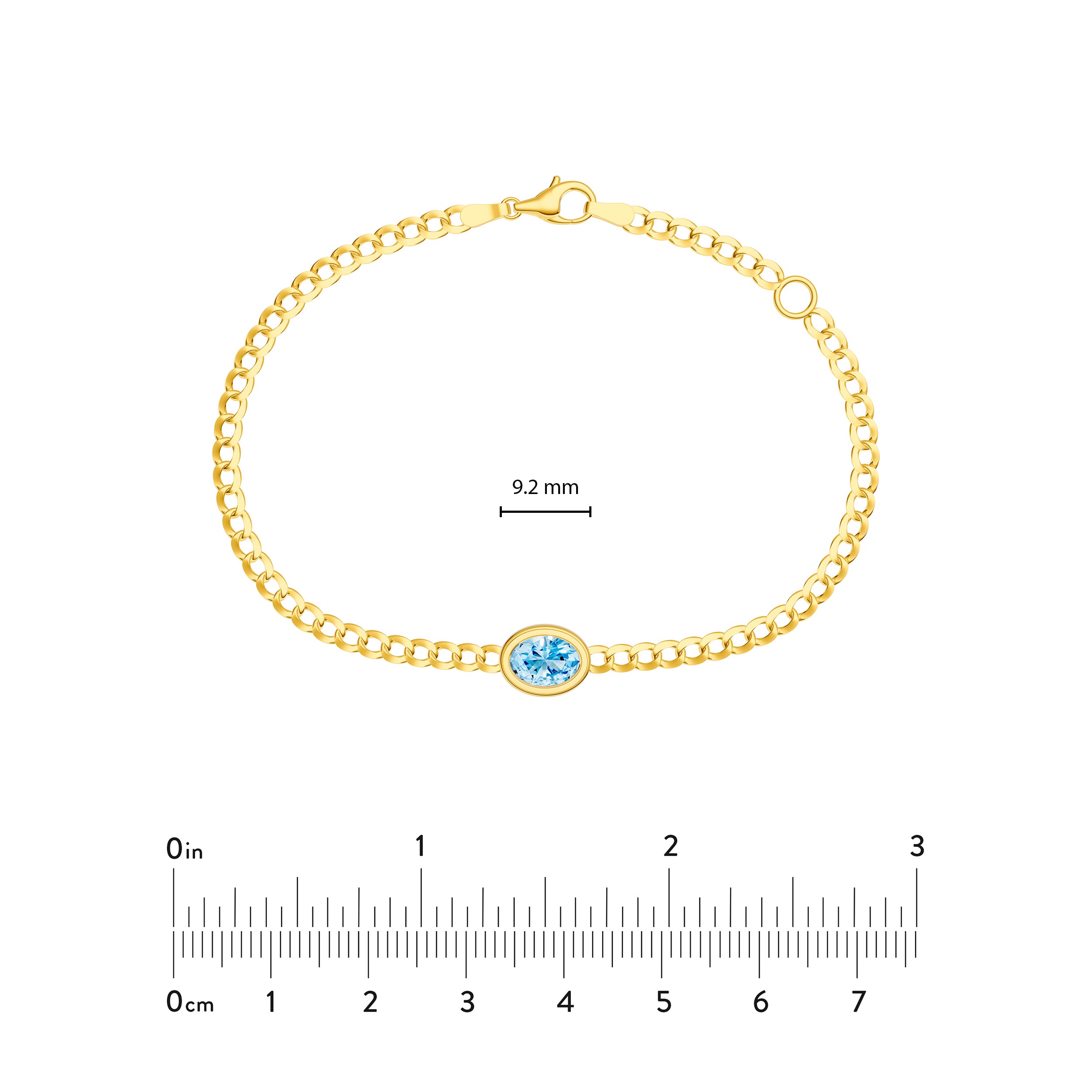 14K gold sky blue topaz curb bracelet, close-up of the stone