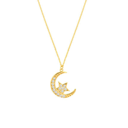 Moon-Hugging Star Diamond Pendant Necklace