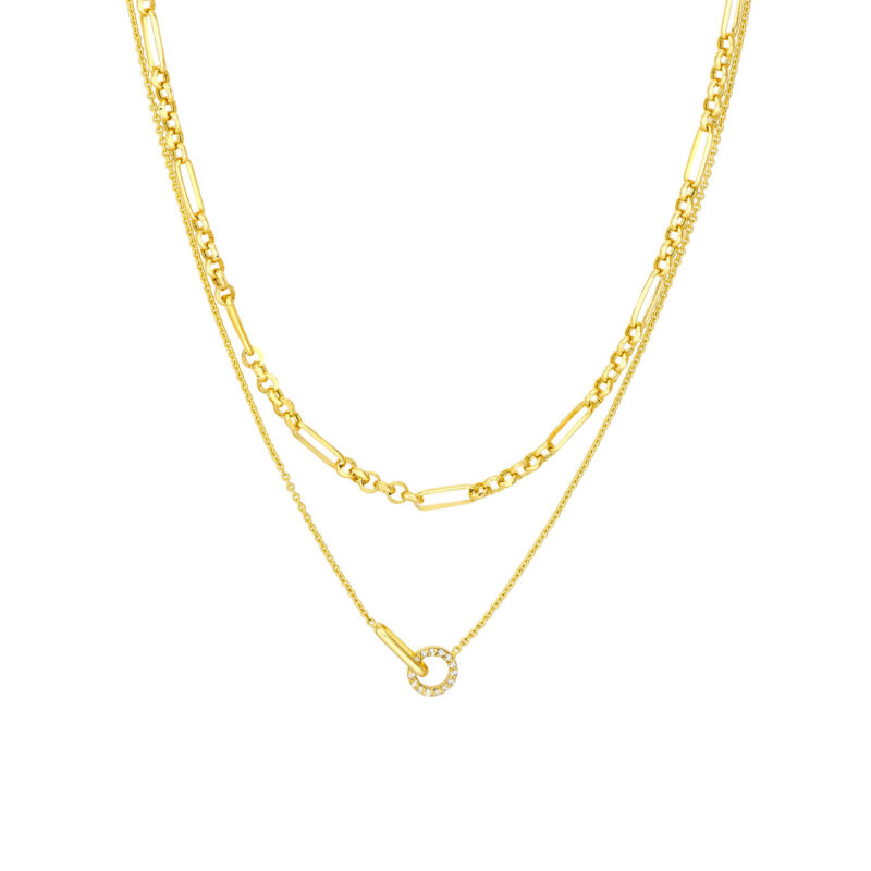 Yellow Gold Diamond Circle Duet Layered Necklace