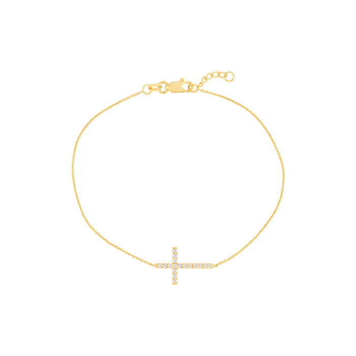 Sideways Cross Bracelet with Diamond - 7.50", Yellow 9