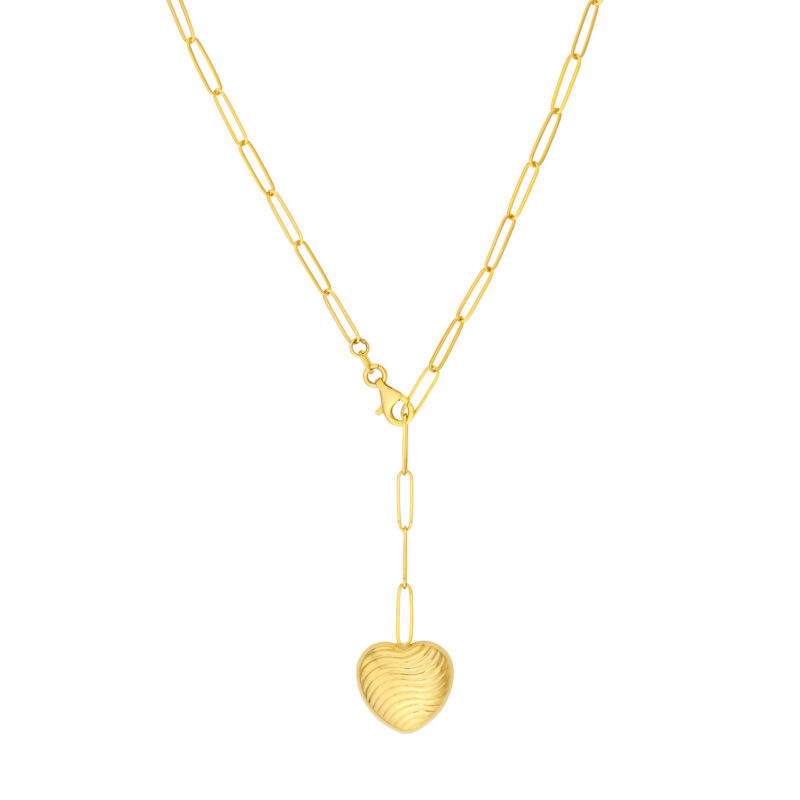 Textured Puff Heart Paperclip Lariat Necklace